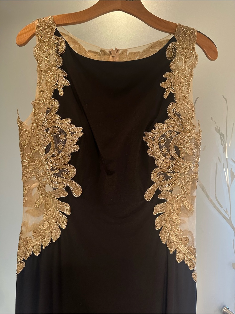 Black Evening Dress with Gold Lace Appliqué